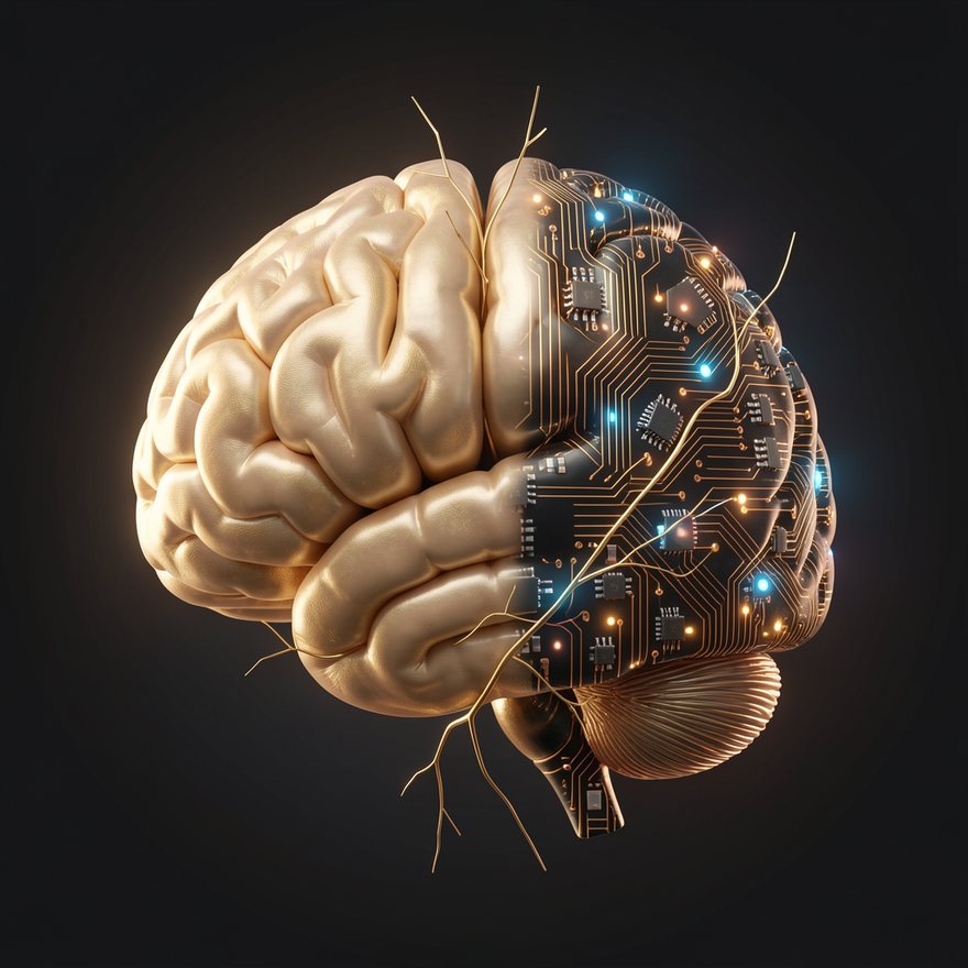 Organic compute substrate — a human brain rendered half as tissue, half as glowing circuitry.