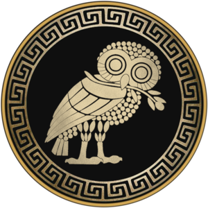 The Normative owl semaphore — gold Owl of Athena, upright and facing right, in a Greek meander ring.
